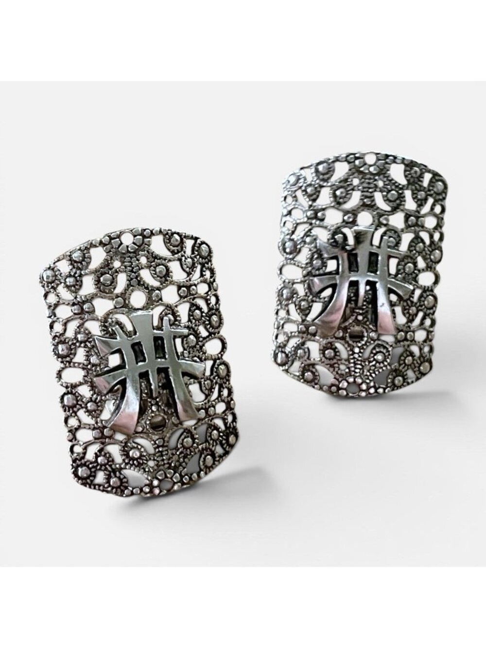 Vintage 50s Western Germany Earrings Asian Symbols Silver Tone Filigree Clip On